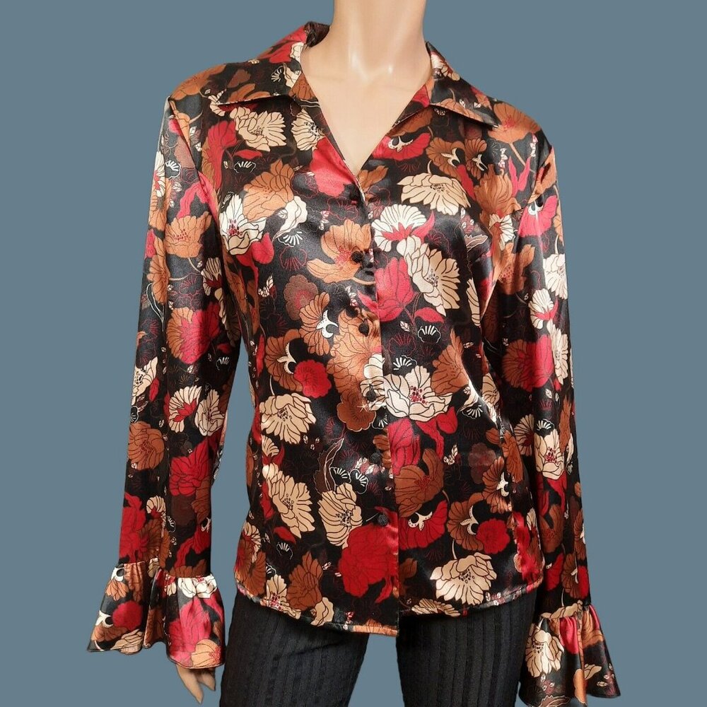 Vintage 90s Satin Blouse Button Up L Black Red Brown Floral Boho Whimsygoth